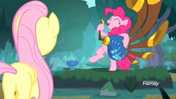 Size: 1920x1080 | Tagged: safe, screencap, character:fluttershy, character:pinkie pie, species:pony, episode:yakity-sax, g4, my little pony: friendship is magic, bipedal, plot, yovidaphone