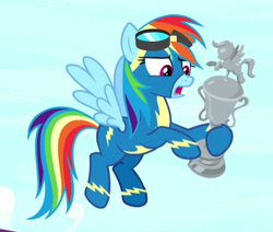 Size: 476x404 | Tagged: safe, screencap, character:rainbow dash, species:pegasus, species:pony, episode:yakity-sax, g4, my little pony: friendship is magic, clothing, cropped, female, goggles, mare, open mouth, solo, spread wings, trophy, uniform, wings, wonderbolts uniform