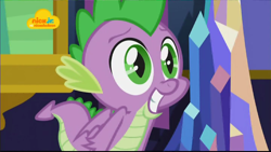 Size: 1024x576 | Tagged: safe, screencap, character:spike, species:dragon, episode:father knows beast, g4, my little pony: friendship is magic, adorable face, baby, baby dragon, big eyes, cute, eyebrows, folded wings, green eyes, grin, log, logo, male, nick jr., smiling, spikabetes, twilight's castle, watermark, winged spike, wings