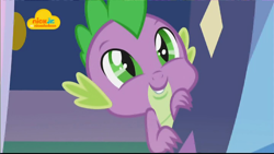 Size: 1024x576 | Tagged: safe, screencap, character:spike, species:dragon, episode:father knows beast, g4, my little pony: friendship is magic, adorable face, baby, baby dragon, claws, cute, door, doorway, eyebrows, green eyes, logo, male, nick jr., smiling, spikabetes, twilight's castle, watermark, winged spike