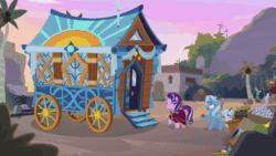 Size: 1280x720 | Tagged: safe, screencap, character:starlight glimmer, character:trixie, species:pony, species:unicorn, episode:on the road to friendship, angry, animated, bruised, caravan, clueless, crying, duo, female, floppy ears, glare, hoo'far's wagon, mare, messy mane, morning, oasis, palm tree, pure unfiltered evil, robe, sad, shocked, smiling, somnambula (location), sound, tree, tree branch, upset, webm