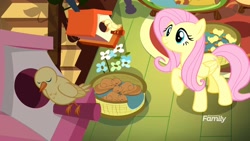 Size: 1920x1080 | Tagged: safe, screencap, character:fluttershy, species:bird, species:pegasus, species:pony, episode:yakity-sax, g4, my little pony: friendship is magic, basket, bird house, duckling, female, mare, raised hoof, sleeping, solo, squirrel