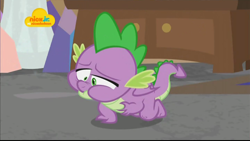Size: 1024x576 | Tagged: safe, screencap, character:spike, species:dragon, episode:school raze, g4, my little pony: friendship is magic, all fours, choking, male, nickelodeon, puffy cheeks, solo, winged spike