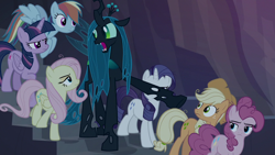 Size: 1280x720 | Tagged: safe, screencap, character:applejack, character:fluttershy, character:mean applejack, character:mean fluttershy, character:mean pinkie pie, character:mean rainbow dash, character:mean rarity, character:mean twilight sparkle, character:pinkie pie, character:queen chrysalis, character:rainbow dash, character:rarity, character:twilight sparkle, character:twilight sparkle (alicorn), species:alicorn, species:changeling, species:earth pony, species:pegasus, species:pony, species:unicorn, episode:the mean 6, g4, my little pony: friendship is magic, changeling queen, clone, clone six, clothing, cowboy hat, female, hat, mane six, mare, open mouth, pointing, raised hoof, stairs