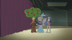 Size: 1280x720 | Tagged: safe, screencap, character:applejack, character:rainbow dash, character:rarity, episode:happily ever after party, g4, my little pony:equestria girls, clothing, costume, dress, fairy bootmother, selfie soot, tree costume