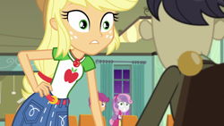 Size: 1280x720 | Tagged: safe, screencap, character:applejack, character:cranky doodle donkey, character:scootaloo, character:sweetie belle, species:pegasus, species:pony, episode:happily ever after party, g4, my little pony:equestria girls, geode of super strength, happily ever after party: applejack