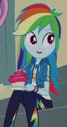 Size: 296x565 | Tagged: safe, screencap, character:rainbow dash, episode:happily ever after party, g4, my little pony:equestria girls, cropped, cupcake, cute, dashabetes, eating, food, geode of super speed, happily ever after party: applejack, magical geodes, puffy cheeks, solo