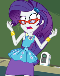 Size: 572x718 | Tagged: safe, screencap, character:rarity, episode:happily ever after party, g4, my little pony:equestria girls, bracelet, cropped, female, geode of shielding, glasses, glasses rarity, happily ever after party: rarity, jewelry, projector, solo