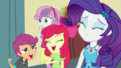 Size: 1280x720 | Tagged: safe, screencap, character:apple bloom, character:rarity, character:scootaloo, character:sweetie belle, species:pegasus, species:pony, episode:happily ever after party, g4, my little pony:equestria girls, adorabloom, apple bloom's bow, bow, cute, cutealoo, cutie mark crusaders, diasweetes, female, geode of shielding, hair bow, happily ever after party: rarity, laughing, raribetes, sisters