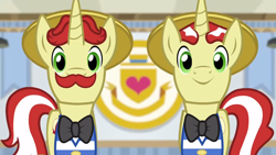 Size: 1366x768 | Tagged: safe, screencap, character:flam, character:flim, episode:friendship university, g4, my little pony: friendship is magic, clothing, cute, duo, emblem, flamabetes, flim flam brothers, flimabetes, happy, hat, heart, smiling