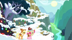 Size: 1440x811 | Tagged: safe, screencap, character:applejack, character:pinkie pie, species:earth pony, species:pony, episode:hearth's warming eve, g4, my little pony: friendship is magic, chancellor puddinghead, cliff, clothing, duo, female, gem, gorge, hat, map, mare, mountain, river, ruff (clothing), smart cookie, snow