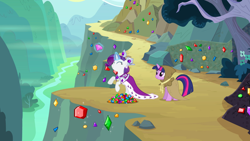 Size: 1440x810 | Tagged: safe, screencap, character:clover the clever, character:rarity, character:twilight sparkle, character:twilight sparkle (unicorn), species:pony, species:unicorn, episode:hearth's warming eve, g4, my little pony: friendship is magic, burlap, cape, cliff, clothing, crown, duo, eyes closed, female, gem, glowing horn, gorge, hood, jewelry, magic, mare, mountain, princess platinum, rearing, regalia, river, smiling, telekinesis