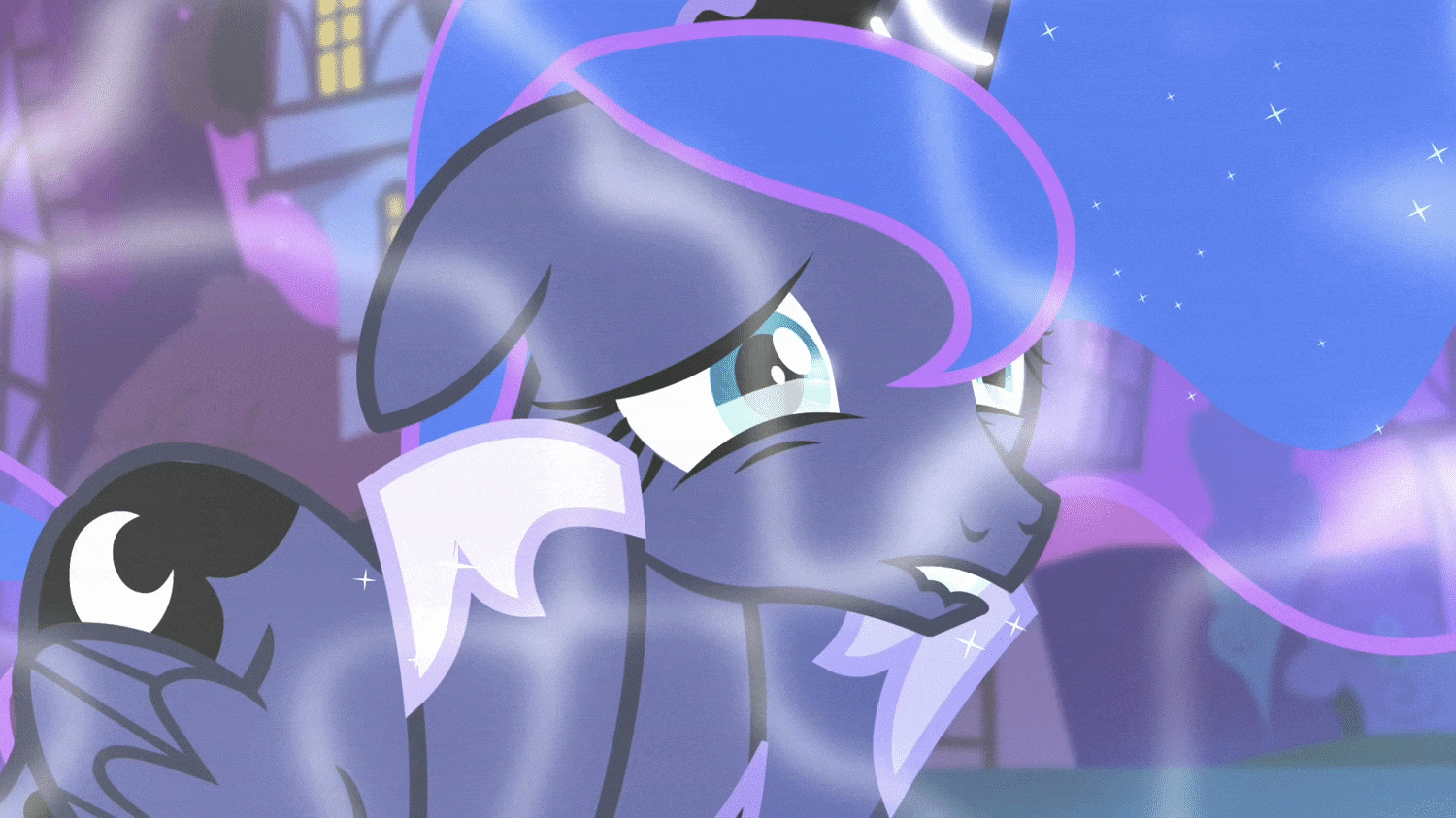 Size: 1500x843 | Tagged: safe, screencap, character:princess luna, species:alicorn, species:pony, episode:do princesses dream of magic sheep?, animated, crying, cute, dream, dream walker luna, female, floppy ears, gif, mare, ponyville, raised hoof, sad, sadorable, solo, talking