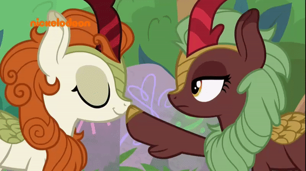 Size: 600x335 | Tagged: safe, screencap, character:autumn blaze, character:cinder glow, character:summer flare, species:kirin, episode:sounds of silence, g4, my little pony: friendship is magic, animated, background kirin, boop, cinderbetes, cute, female, gif