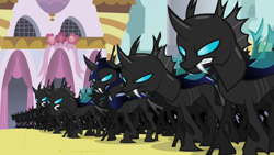 Size: 1280x720 | Tagged: safe, screencap, species:changeling, episode:a canterlot wedding, g4, my little pony: friendship is magic, angry, armor, army, canterlot, changeling armor, changeling officer, changeling swarm, fangs, scowl