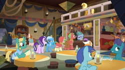Size: 1920x1080 | Tagged: safe, screencap, character:apple cobbler, character:cocoa caliente, character:desert flower, character:emerald green, character:green gem, character:mrs. trotsworth, character:starlight glimmer, character:trixie, species:earth pony, species:pegasus, species:pony, species:unicorn, episode:on the road to friendship, apple family member, aten (character), background pony, blue october, blueberry muffin, clothing, discovery family logo, female, get on inn, iahjmehet, inn, jewelry, lunar bay, male, mare, necklace, restaurant, robe, shirt, somnambula (location), somnambula resident, stallion, tail wrap, tut jannah, unnamed pony