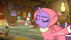 Size: 1920x1080 | Tagged: safe, screencap, species:earth pony, species:pony, species:unicorn, episode:on the road to friendship, background pony, clothing, couch, female, headband, inn, jewelry, lantern, male, mare, necklace, pants, pillow, robe, rug, scarf, somnambula (location), stallion, teapot, unnamed pony, vase