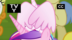 Size: 1920x1080 | Tagged: safe, screencap, character:princess cadance, character:princess flurry heart, species:alicorn, species:earth pony, species:pony, episode:on the road to friendship, baby, baby pony, covering, female, male, mare, mother and daughter, pony hat, stallion, tv rating, wing covering