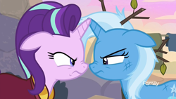Size: 1920x1080 | Tagged: safe, screencap, character:starlight glimmer, character:trixie, species:pony, species:unicorn, episode:on the road to friendship, angry, clothing, discovery family logo, duo, eye contact, female, floppy ears, looking at each other, mare, messy mane, narrowed eyes, nose to nose, nose wrinkle, robe, stare, stare down, stick