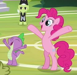 Size: 931x909 | Tagged: safe, screencap, character:granny smith, character:pinkie pie, character:sludge, character:spike, species:dragon, episode:father knows beast, g4, my little pony: friendship is magic, bipedal, buckball, cropped, referee, winged spike