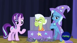 Size: 1920x1080 | Tagged: safe, screencap, character:granny smith, character:starlight glimmer, character:trixie, species:earth pony, species:pony, species:unicorn, episode:on the road to friendship, cape, chains, chest, clothing, derp, female, hat, mare, stage, trixie's cape, trixie's hat