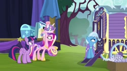 Size: 1920x1080 | Tagged: safe, screencap, character:princess cadance, character:princess flurry heart, character:trixie, character:twilight sparkle, character:twilight sparkle (alicorn), species:alicorn, species:pony, species:unicorn, episode:on the road to friendship, aunt and niece, baby, baby pony, best aunt ever, cape, clothing, diaper, female, lidded eyes, mare, mother and daughter, pony hat, trixie's cape, trixie's wagon