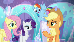 Size: 1280x720 | Tagged: safe, screencap, character:applejack, character:fluttershy, character:rainbow dash, character:rarity, episode:the crystalling, g4, my little pony: friendship is magic, applejack's hat, clothing, cowboy hat, crystal, crystal palace, door, gem, hat