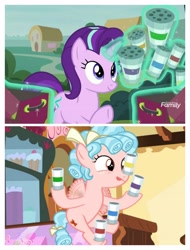 Size: 3106x4096 | Tagged: safe, screencap, character:cozy glow, character:starlight glimmer, species:pegasus, species:pony, species:unicorn, episode:marks for effort, episode:on the road to friendship, g4, my little pony: friendship is magic, female, filly, flying, food, glowing horn, magic, magic aura, mare, spice (food), sprinkles, telekinesis