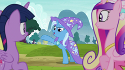 Size: 1280x720 | Tagged: safe, screencap, character:princess cadance, character:princess flurry heart, character:trixie, character:twilight sparkle, character:twilight sparkle (alicorn), species:alicorn, species:pony, species:unicorn, episode:on the road to friendship, aunt and niece, best aunt ever, cape, clothing, diaper, female, hat, mare, mother and daughter, pony hat, trixie's cape, trixie's hat