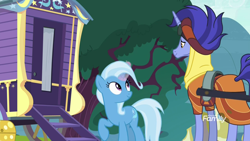 Size: 1920x1080 | Tagged: safe, screencap, character:hoo'far, character:trixie, species:pony, species:unicorn, episode:on the road to friendship, discovery family logo, female, magic, male, mare, saddle arabian, stallion, trixie's wagon