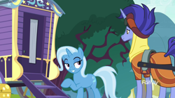 Size: 1920x1080 | Tagged: safe, screencap, character:hoo'far, character:trixie, species:pony, species:unicorn, episode:on the road to friendship, discovery family logo, female, lidded eyes, male, mare, saddle arabian, stallion, trixie's wagon