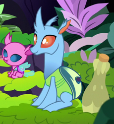 Size: 438x476 | Tagged: safe, screencap, species:changeling, species:reformed changeling, episode:the hearth's warming club, g4, my little pony: friendship is magic, axilla, carapace (character), cropped, duo, gourd, nymph, sitting, smiling