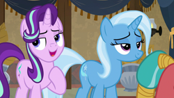 Size: 1280x720 | Tagged: safe, screencap, character:starlight glimmer, character:trixie, species:pony, species:unicorn, episode:on the road to friendship, duo focus, female, hoof on chest, lidded eyes, mare, tail wrap