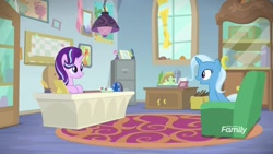 Size: 1920x1080 | Tagged: safe, screencap, character:starlight glimmer, character:trixie, species:pony, species:unicorn, episode:on the road to friendship, couch, desk, discovery family logo, duo, female, mare, sitting