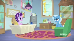 Size: 1920x1080 | Tagged: safe, screencap, character:starlight glimmer, character:trixie, species:pony, species:unicorn, episode:on the road to friendship, couch, desk, discovery family logo, duo, female, mare, sitting