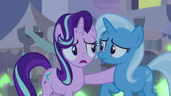 Size: 1280x720 | Tagged: safe, screencap, character:starlight glimmer, character:trixie, species:pony, species:unicorn, episode:on the road to friendship, duo, female, glowpaz, hoof on shoulder, mare