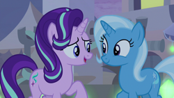 Size: 1280x720 | Tagged: safe, screencap, character:starlight glimmer, character:trixie, species:pony, species:unicorn, episode:on the road to friendship, duo, female, glowpaz, looking at each other, mare, smiling