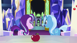 Size: 1280x720 | Tagged: safe, screencap, character:spike, character:starlight glimmer, character:trixie, species:pony, species:unicorn, episode:all bottled up, g4, my little pony: friendship is magic, apple, female, food, mare, plot