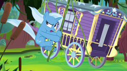 Size: 1280x720 | Tagged: safe, screencap, character:trixie, species:pony, species:unicorn, episode:on the road to friendship, female, mare, solo, swamp, swinging, trixie's wagon, vine, we're friendship bound