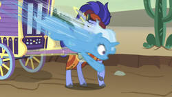 Size: 1280x720 | Tagged: safe, screencap, character:hoo'far, character:trixie, species:pony, species:unicorn, episode:on the road to friendship, duo, fast, female, great moments in animation, magic, male, mare, motion blur, nyoom, saddle arabian, smear frame, stallion