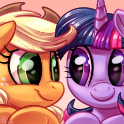 Size: 1800x1800 | Tagged: safe, artist:whitediamonds, character:applejack, character:twilight sparkle, species:pony, ship:twijack, cute, eye contact, female, jackabetes, lesbian, looking at each other, mare, shipping, smiling, twiabetes
