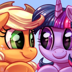 Size: 1800x1800 | Tagged: safe, alternate version, artist:whitediamonds, character:applejack, character:twilight sparkle, species:pony, ship:twijack, applejack's hat, clothing, cowboy hat, cute, eye contact, female, hat, jackabetes, lesbian, looking at each other, mare, shipping, smiling, twiabetes