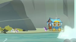 Size: 1920x1080 | Tagged: safe, screencap, character:appointed rounds, character:rainy day, character:starlight glimmer, species:pegasus, species:pony, species:unicorn, episode:on the road to friendship, clothing, female, hat, hoo'far's wagon, mailmare, mailmare hat, mare, river, wagon