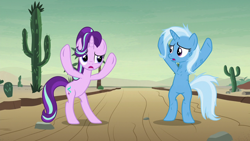 Size: 1280x720 | Tagged: safe, screencap, character:starlight glimmer, character:trixie, species:pony, species:unicorn, episode:on the road to friendship, cactus, desert, duo, female, mare, road, saguaro cactus, standing