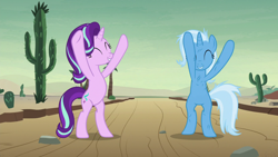 Size: 1280x720 | Tagged: safe, screencap, character:starlight glimmer, character:trixie, species:pony, species:unicorn, episode:on the road to friendship, bipedal, cactus, cute, desert, diatrixes, duo, eyes closed, female, glimmerbetes, mare, road, saguaro cactus, standing