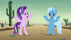 Size: 1280x720 | Tagged: safe, screencap, character:starlight glimmer, character:trixie, species:pony, species:unicorn, episode:on the road to friendship, cactus, desert, duo, female, mare, road, saguaro cactus, standing