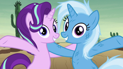 Size: 1280x720 | Tagged: safe, screencap, character:starlight glimmer, character:trixie, species:pony, species:unicorn, episode:on the road to friendship, cactus, duo, female, mare, saguaro cactus, smiling