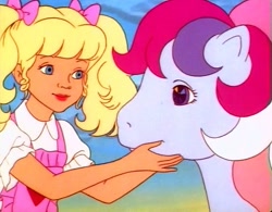 Size: 737x574 | Tagged: safe, screencap, character:molly williams, character:sweet stuff, species:human, species:pony, species:twinkle eyed pony, g1, my little pony: the movie (1986), cute, duo, mollybetes, smiling, sweet sweet stuff