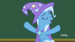 Size: 1920x1080 | Tagged: safe, screencap, character:trixie, species:pony, species:unicorn, episode:a matter of principals, g4, my little pony: friendship is magic, cape, clothing, discovery family logo, female, hat, mare, solo, trixie's cape, trixie's hat