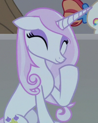 Size: 276x344 | Tagged: safe, screencap, character:fleur-de-lis, character:rainbow stars, species:pony, species:unicorn, episode:horse play, g4, my little pony: friendship is magic, background pony, cropped, eyes closed, female, happy, mare, solo focus